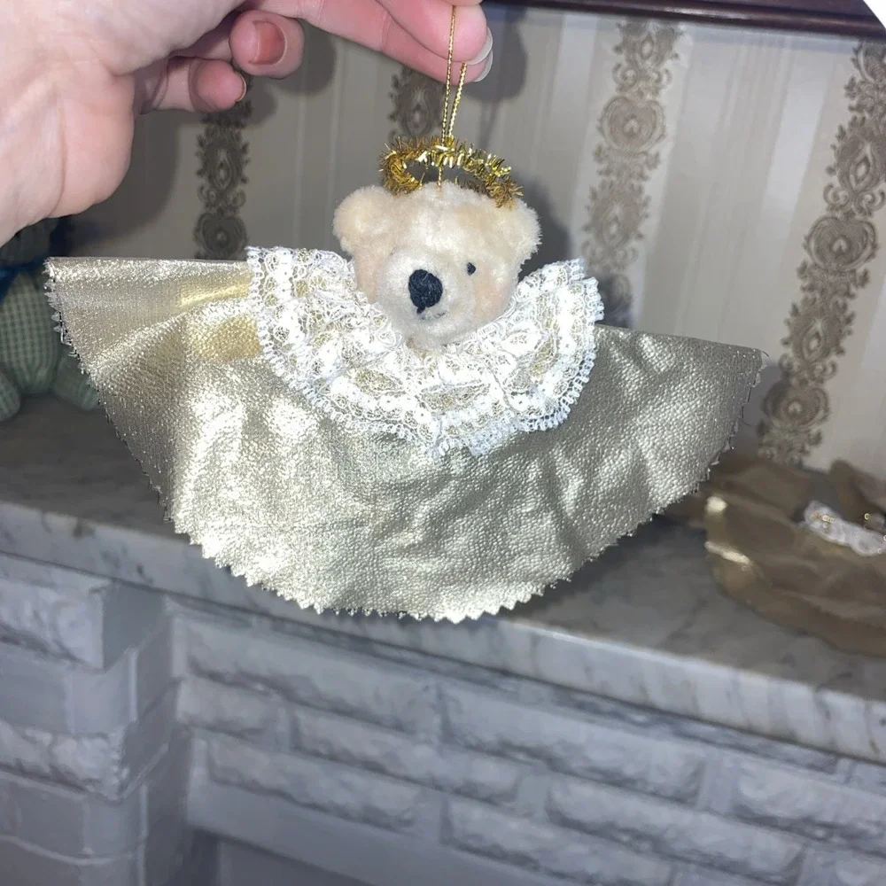 Set Of 5 Handmade Crafted Gold Angel Halo Plush Bears White Lace Collar Ornament